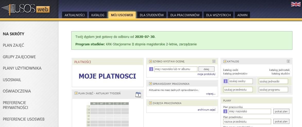 USOSweb data odbioru dyplomu - zrzut ekranu